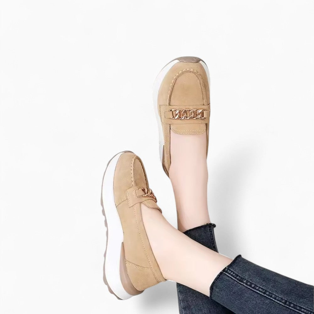 Suede Loafers with Gold Buckle and Thick Sole