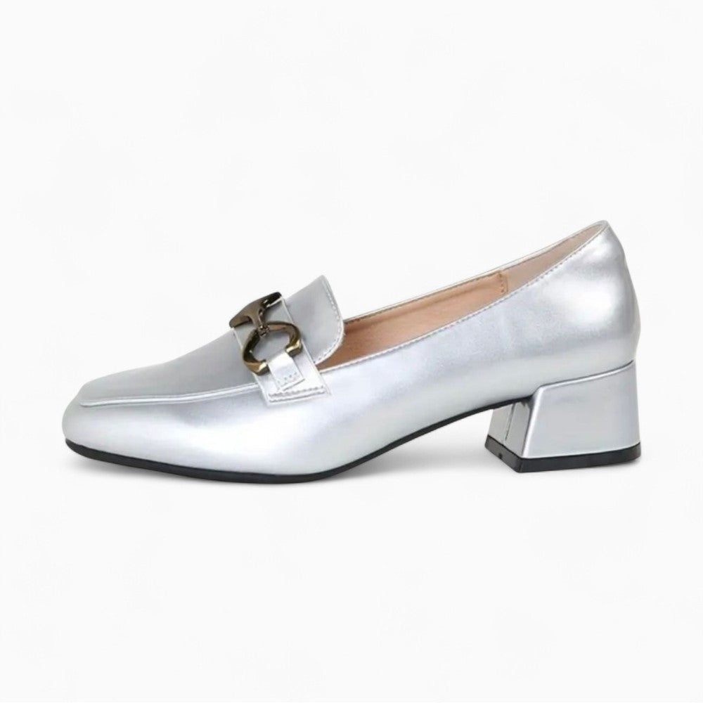 Silver Loafers with Square Heels for Women