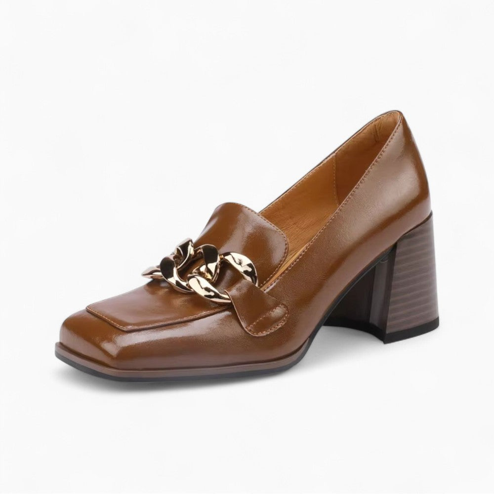 Patent Leather Heeled Loafers with Gold Chain Detail