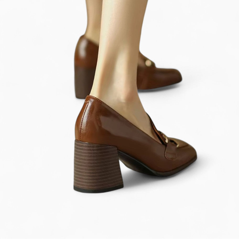 Patent Leather Heeled Loafers with Gold Chain Detail