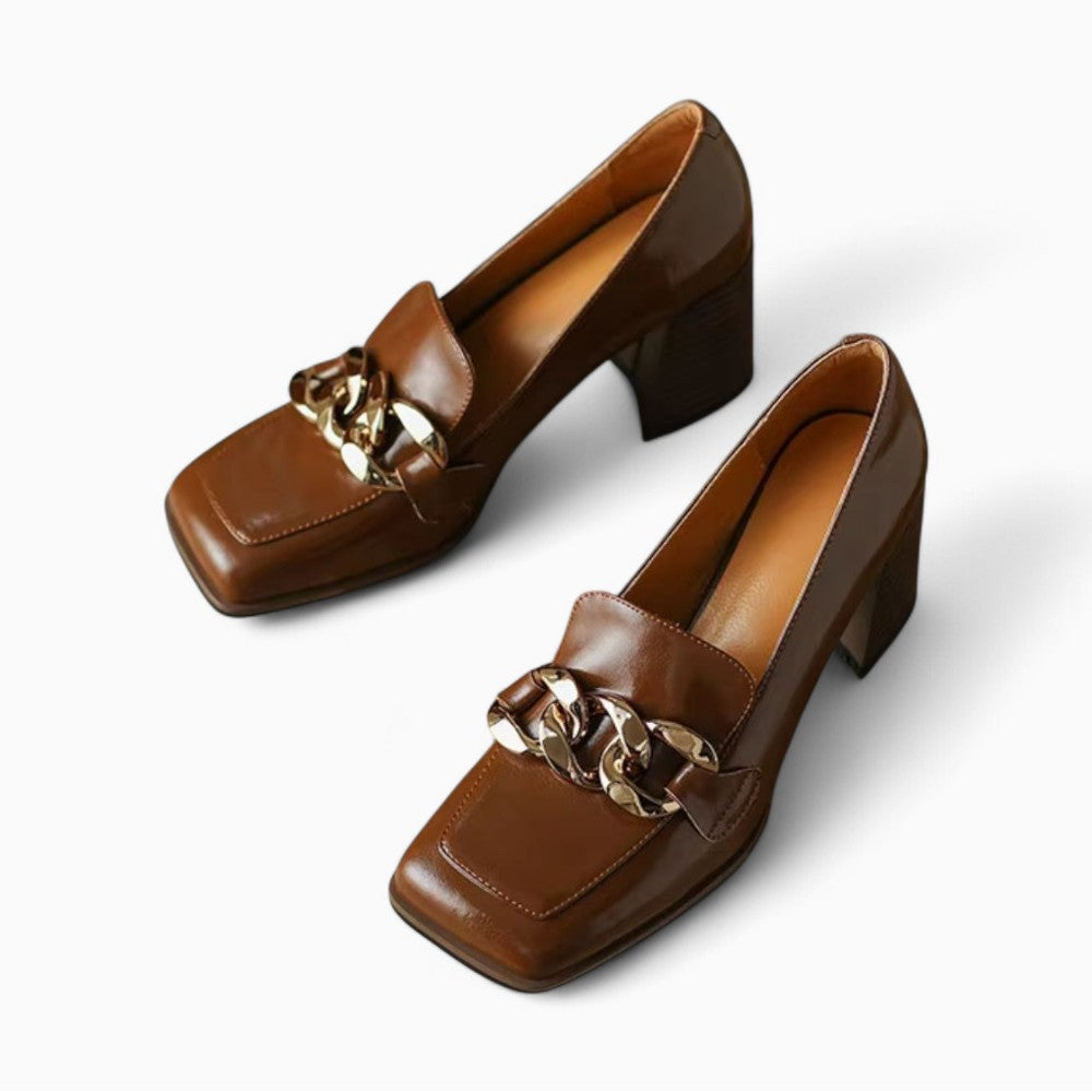 Patent Leather Heeled Loafers with Gold Chain Detail