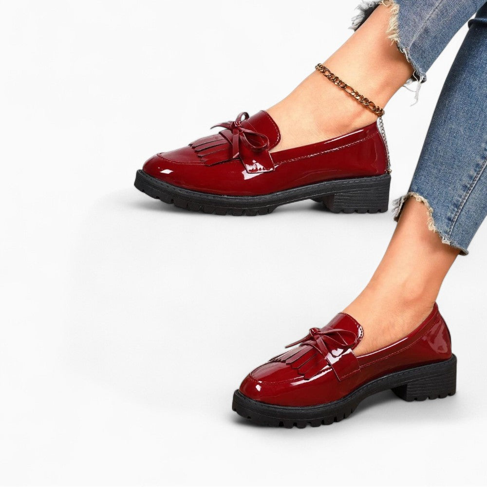 Patent Leather Heeled Loafers with Decorative Bow