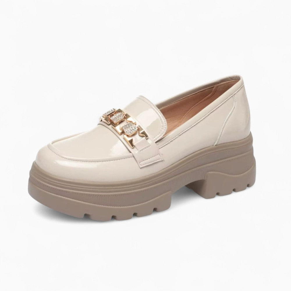 Patent Platform Loafers with Decorative Metal Chain