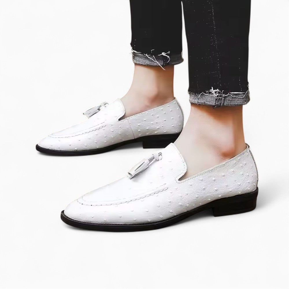 Men's Black and White Patent Tassel Loafers