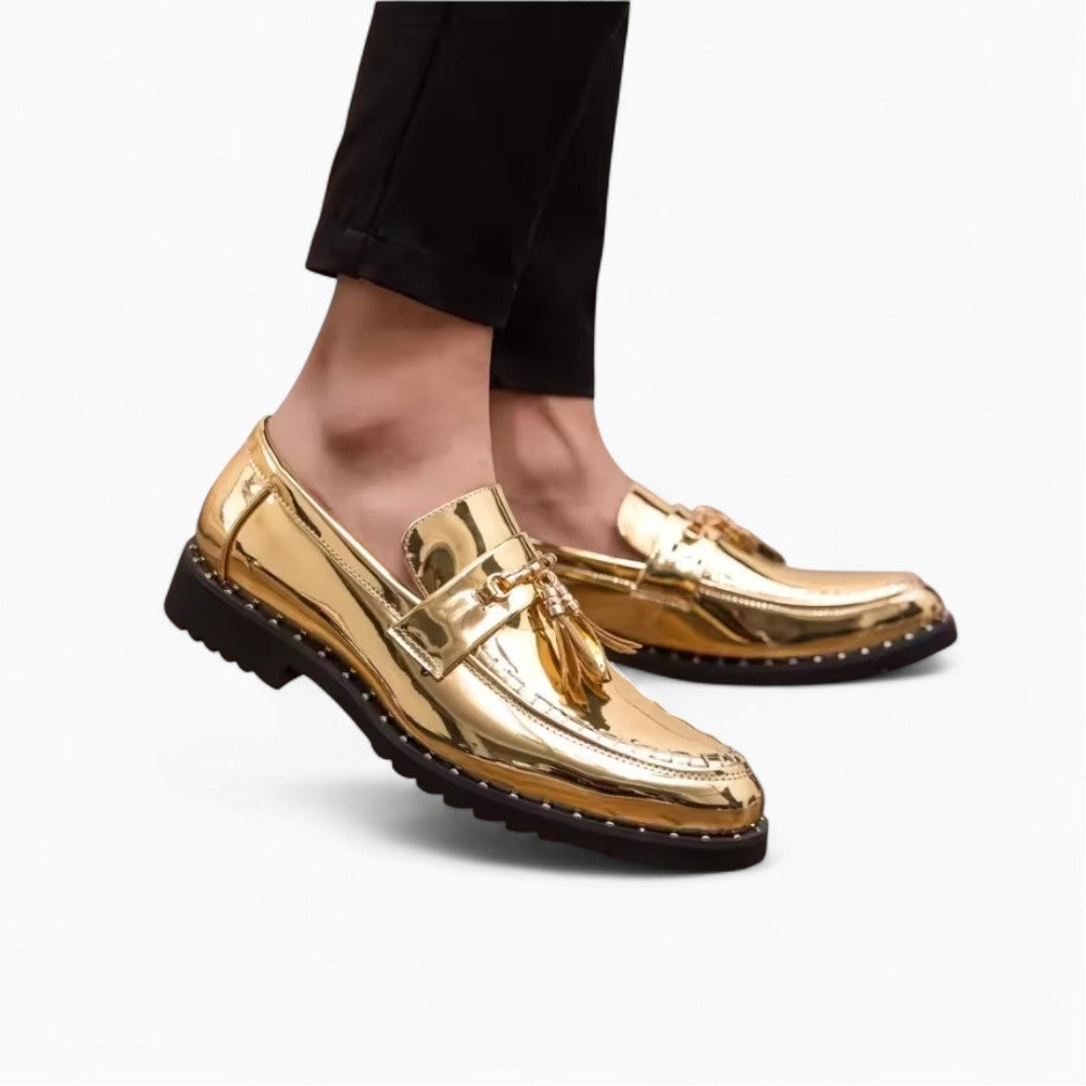 Men's Patent Tassel Loafers with Gold Buckle
