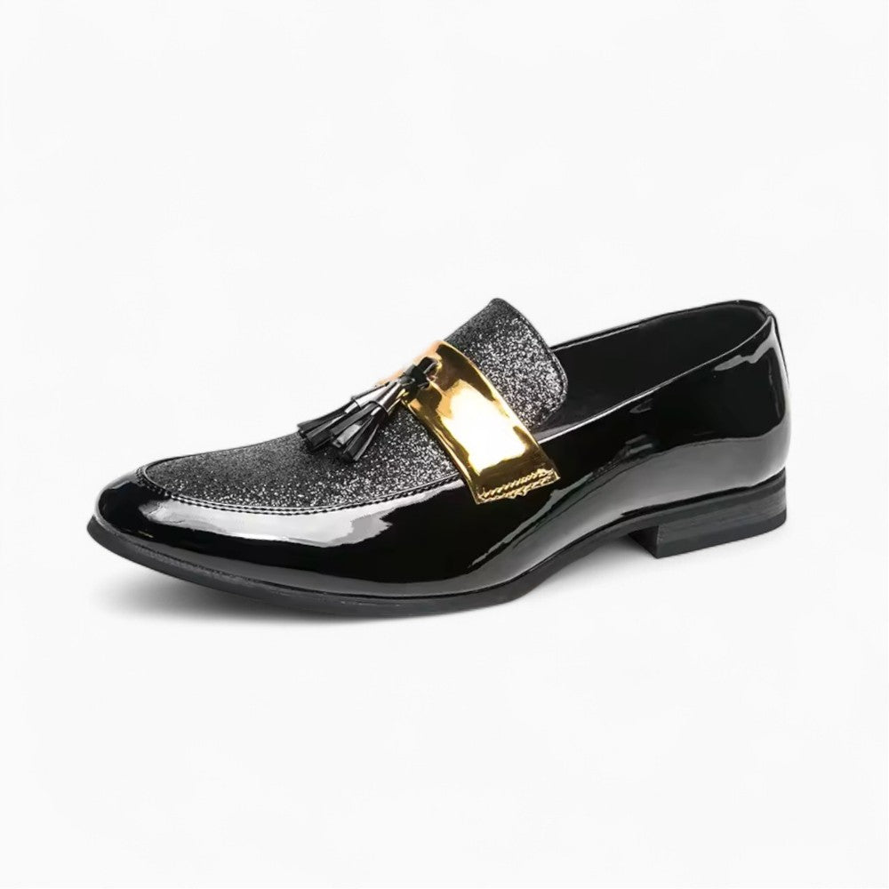 Black and Gold Tassel Loafers Derby Style