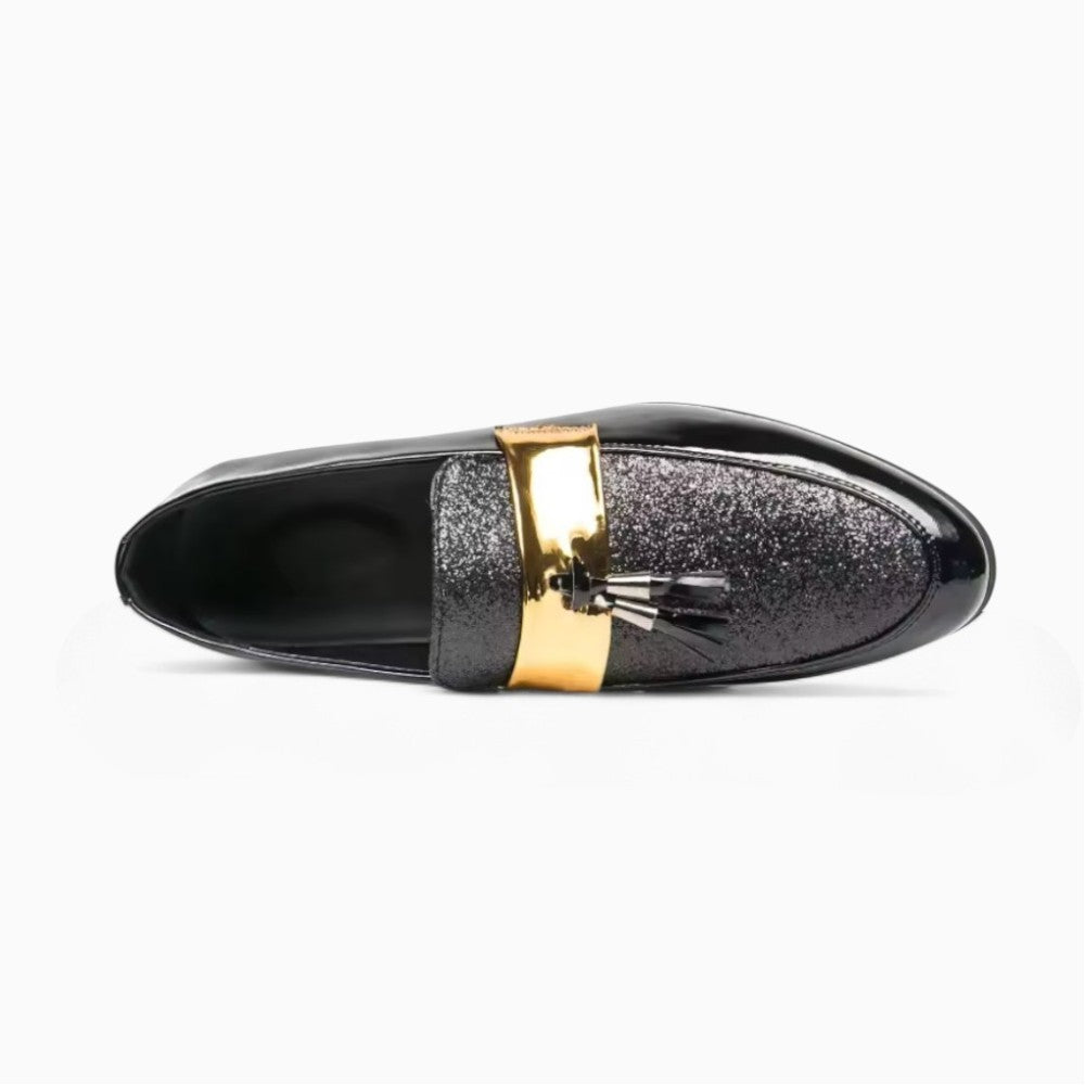 Black and Gold Tassel Loafers Derby Style