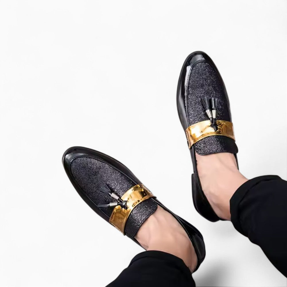 Black and Gold Tassel Loafers Derby Style
