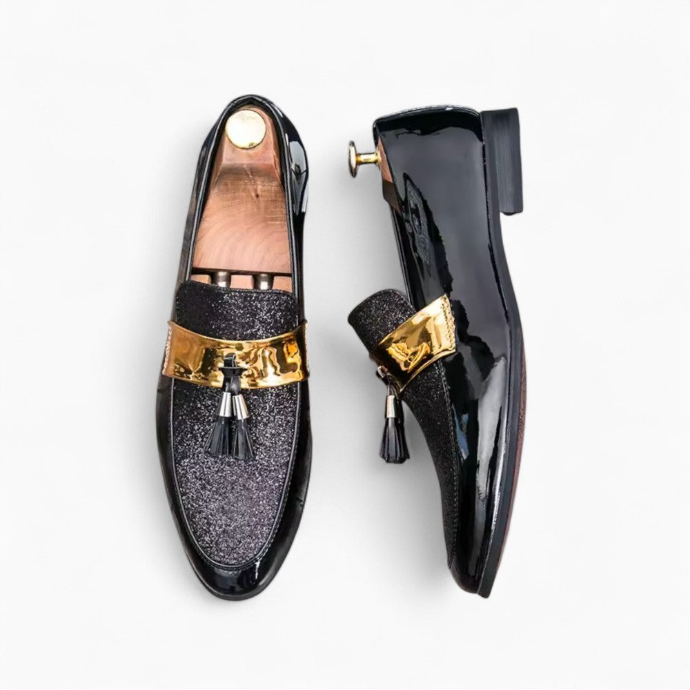 Black and Gold Tassel Loafers Derby Style