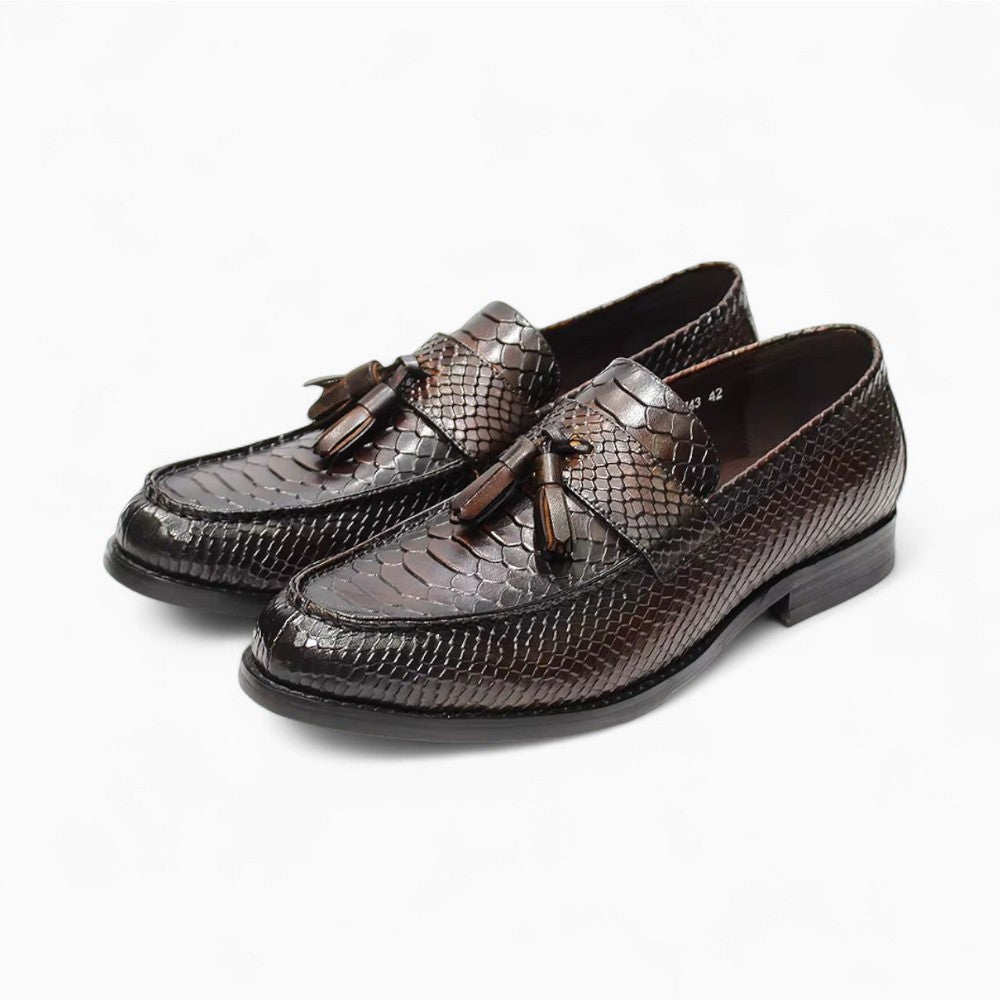Real Leather Loafers with Snake Effect Tassels