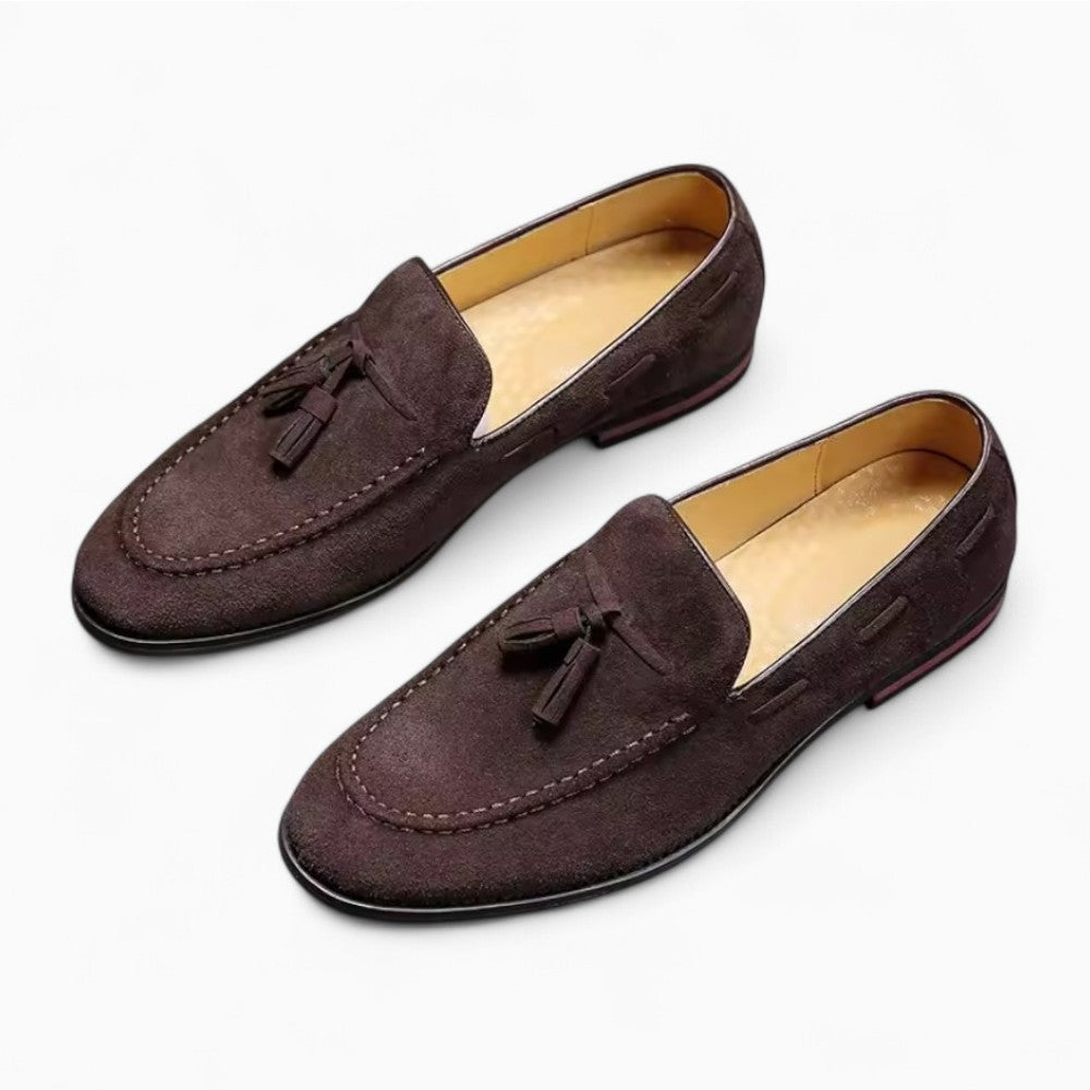 White Stitched Suede Leather Tassel Loafers