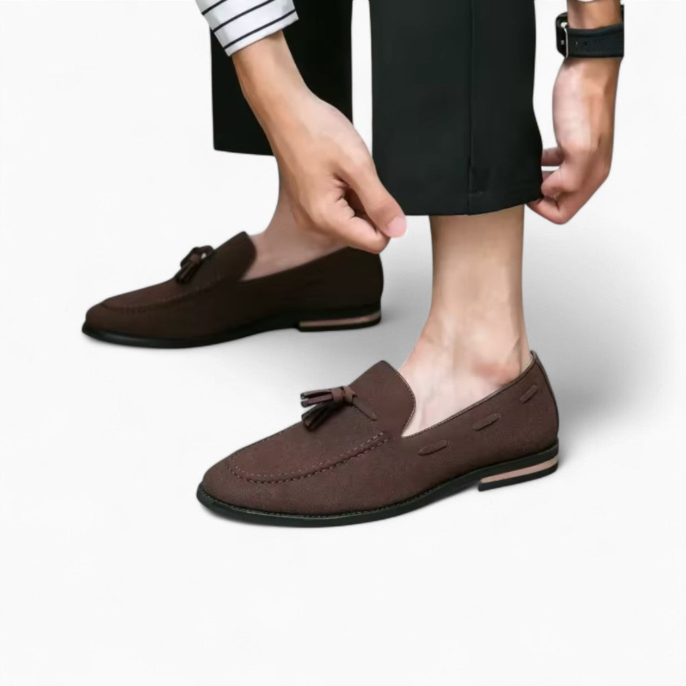 White Stitched Suede Leather Tassel Loafers