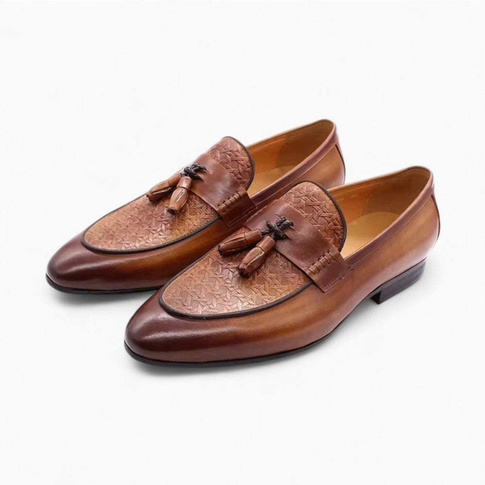 Woven Zigzag Pattern Leather Tassel Loafers