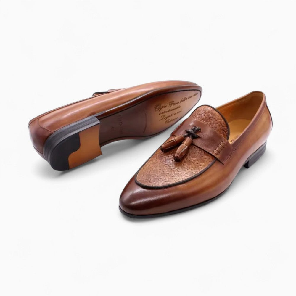 Woven Zigzag Pattern Leather Tassel Loafers