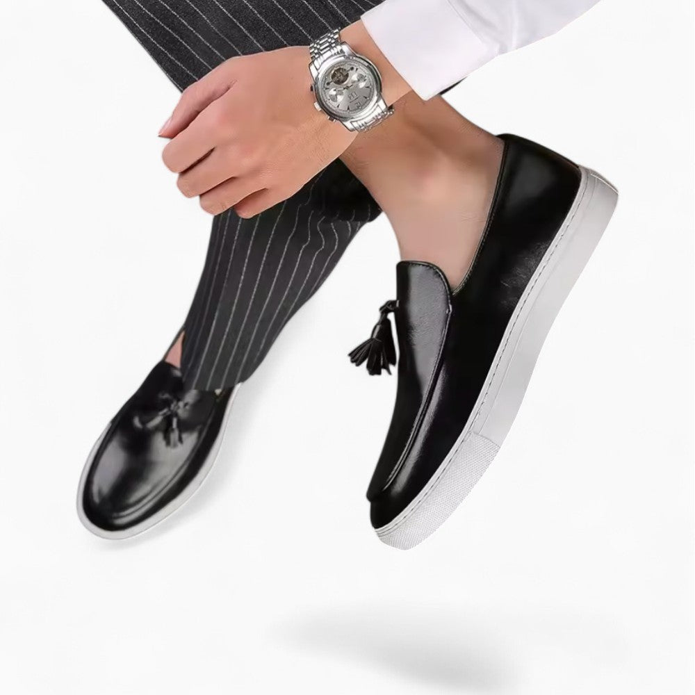 Men’s Leather Tassel Loafers with White Soles