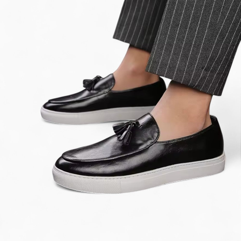 Men’s Leather Tassel Loafers with White Soles