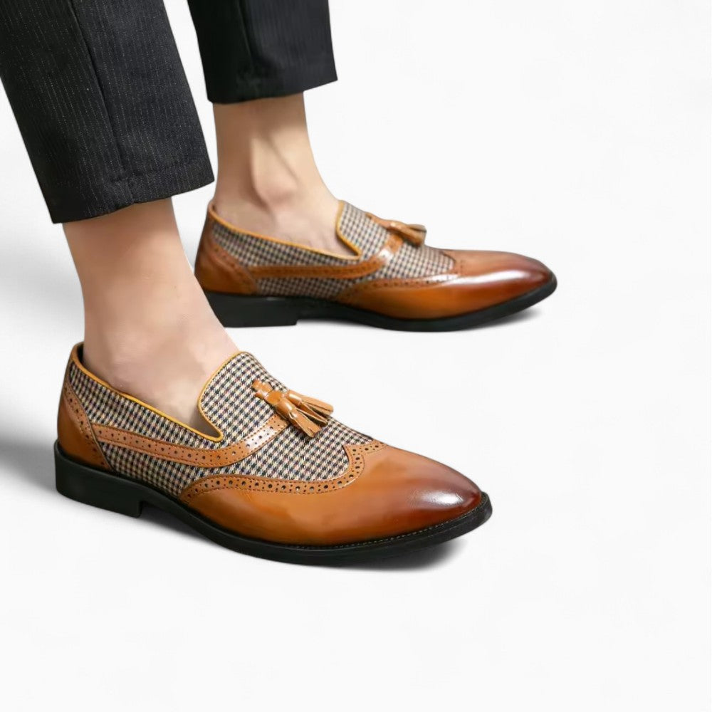 Men's Brown and White Checkered Tassel Loafers