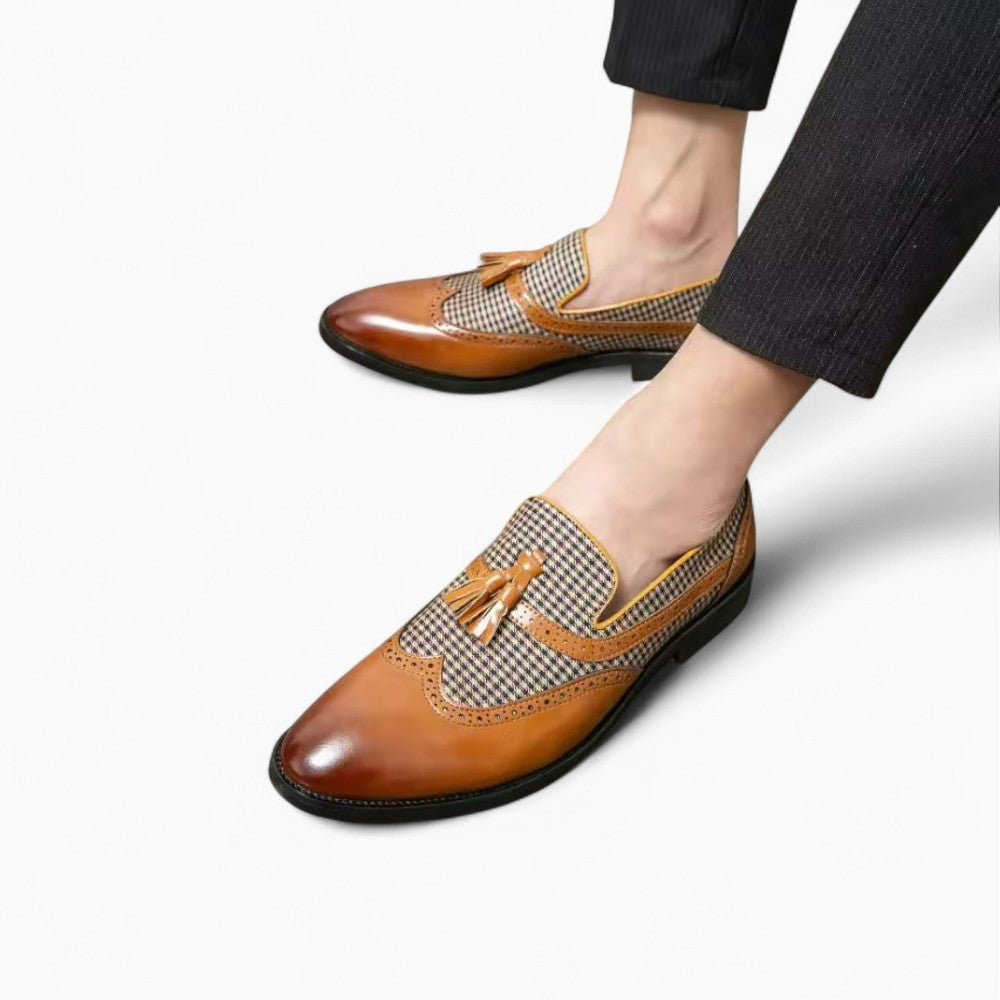 Men's Brown and White Checkered Tassel Loafers