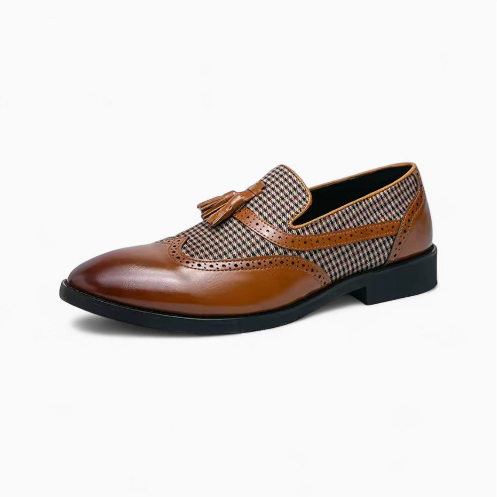 Men's Brown and White Checkered Tassel Loafers