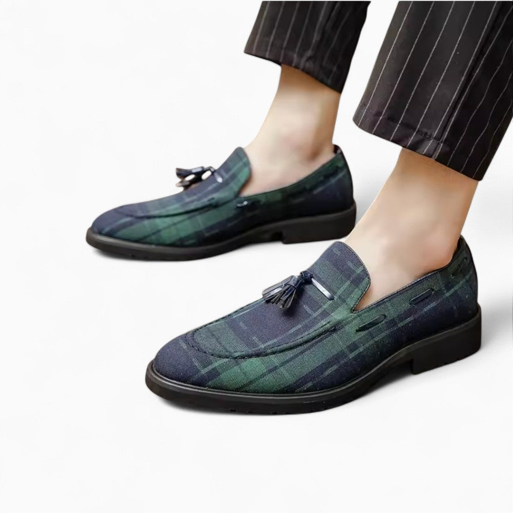 Men’s Blue and Green Checkered Tassel Loafers