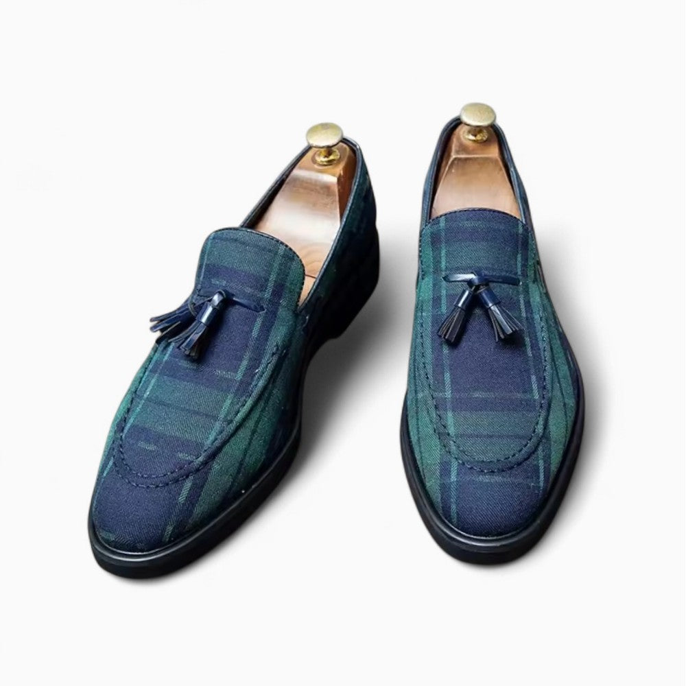 Men’s Blue and Green Checkered Tassel Loafers
