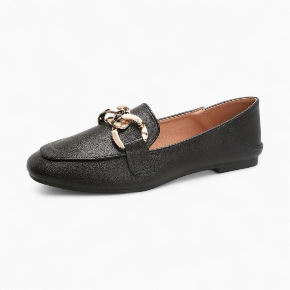 Black Loafer with Golden Buckle, Slip-On and Vegan Leather