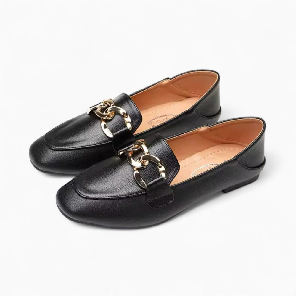 Black Loafer with Golden Buckle, Slip-On and Vegan Leather
