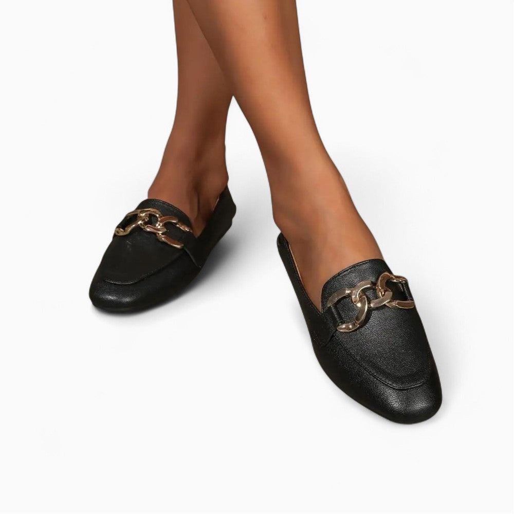 Black Loafer with Golden Buckle, Slip-On and Vegan Leather