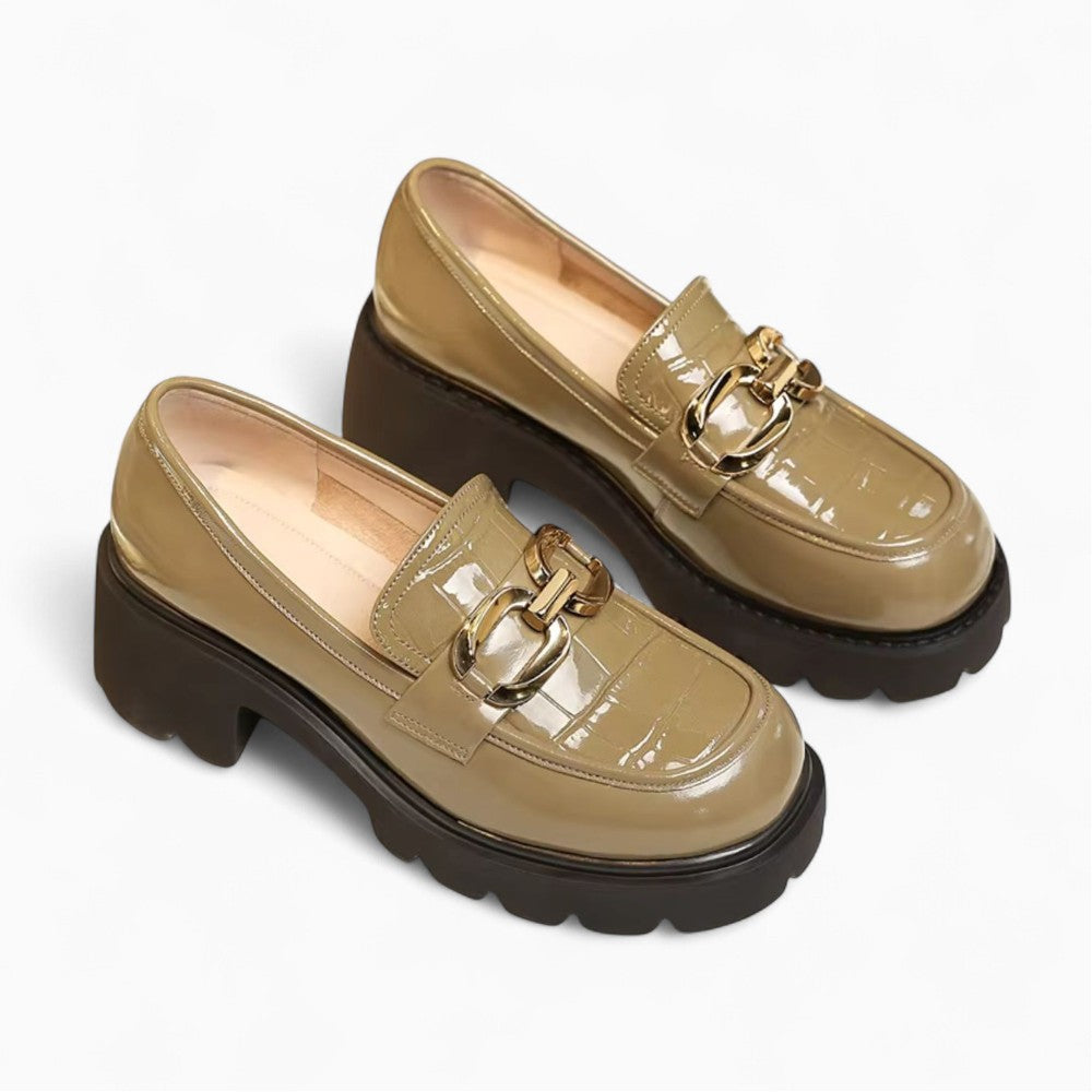 Vegan Leather Loafer with Croc Effect and Gold Buckle