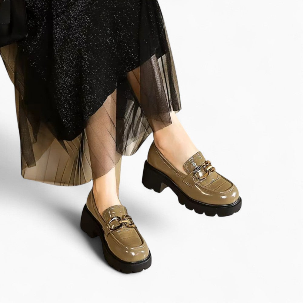 Vegan Leather Loafer with Croc Effect and Gold Buckle