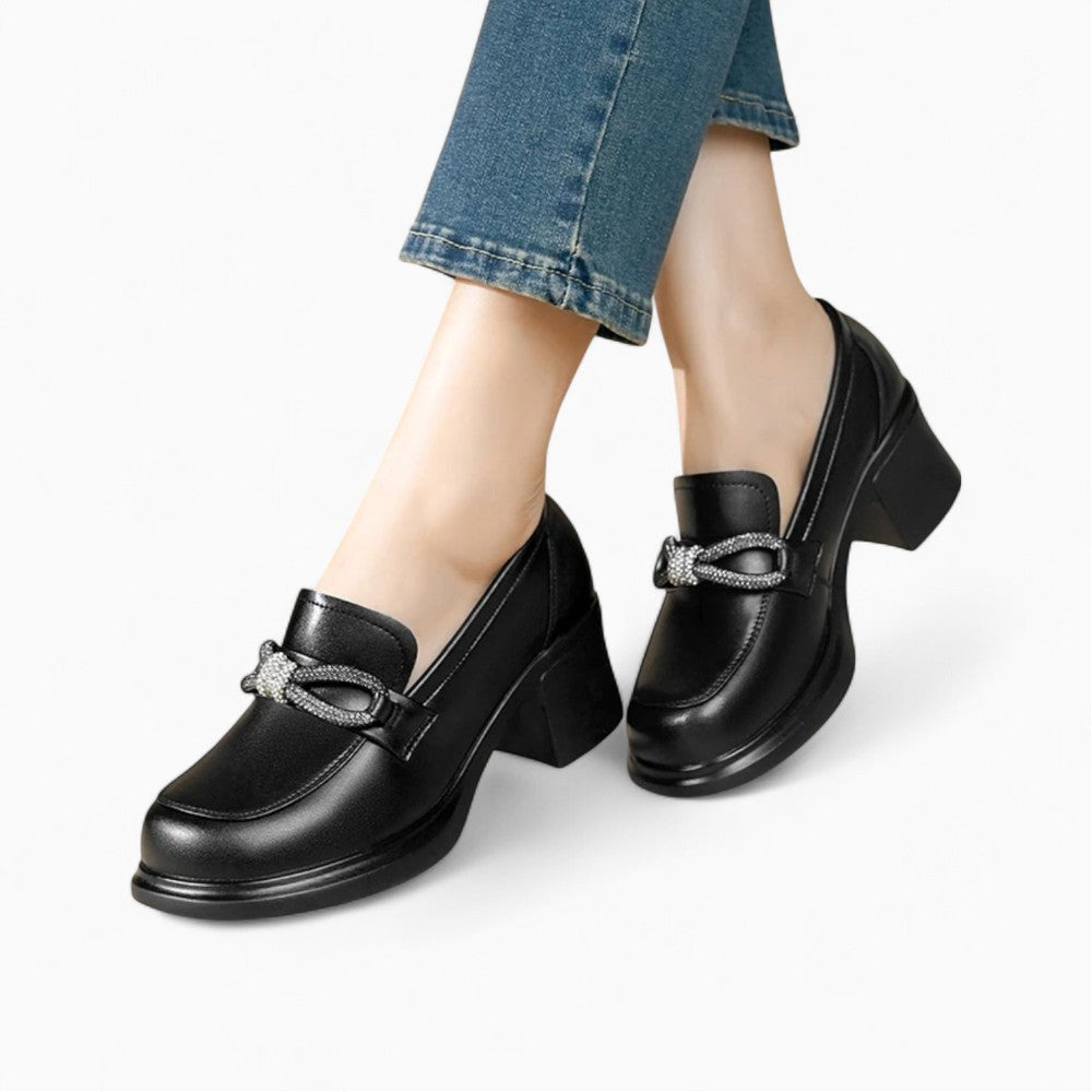 Black British Style Loafers with Bow Tie for Women