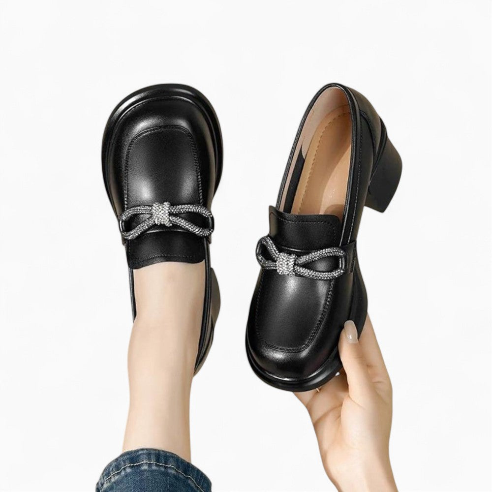 Black British Style Loafers with Bow Tie for Women