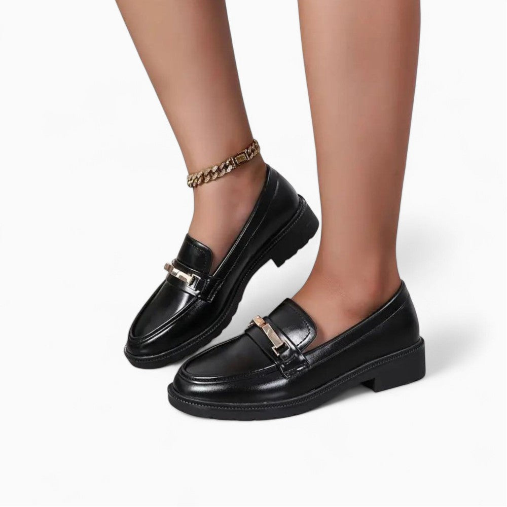 Black Loafers with Thick Sole for Women in Synthetic Leather