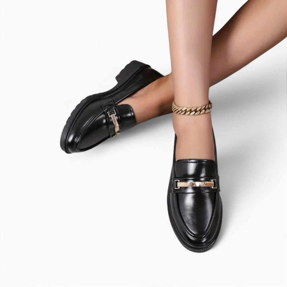 Black Loafers with Thick Sole for Women in Synthetic Leather