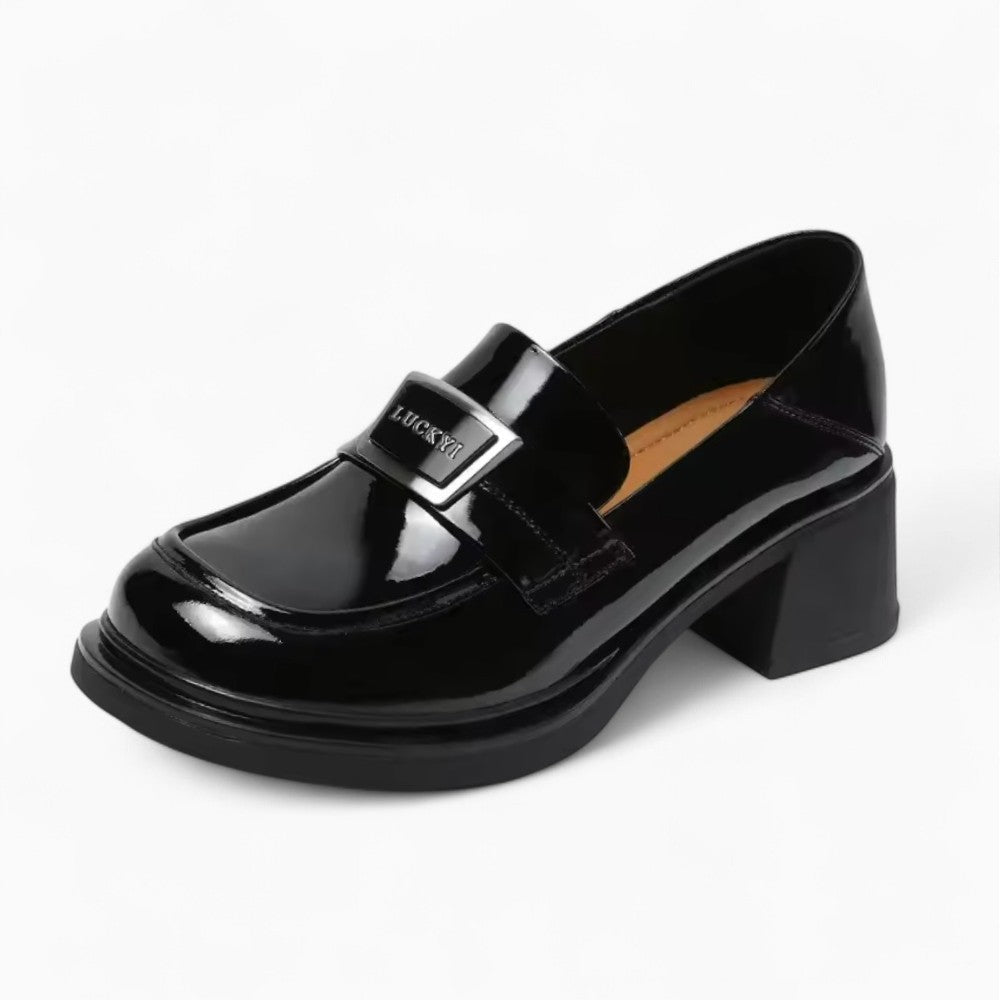 Women’s Black Square Heel Genuine Leather Loafers