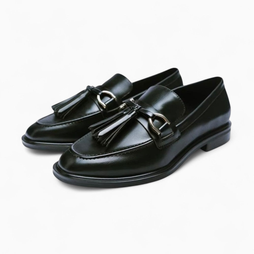 Black Slip‑On Loafers with Tassels for Women