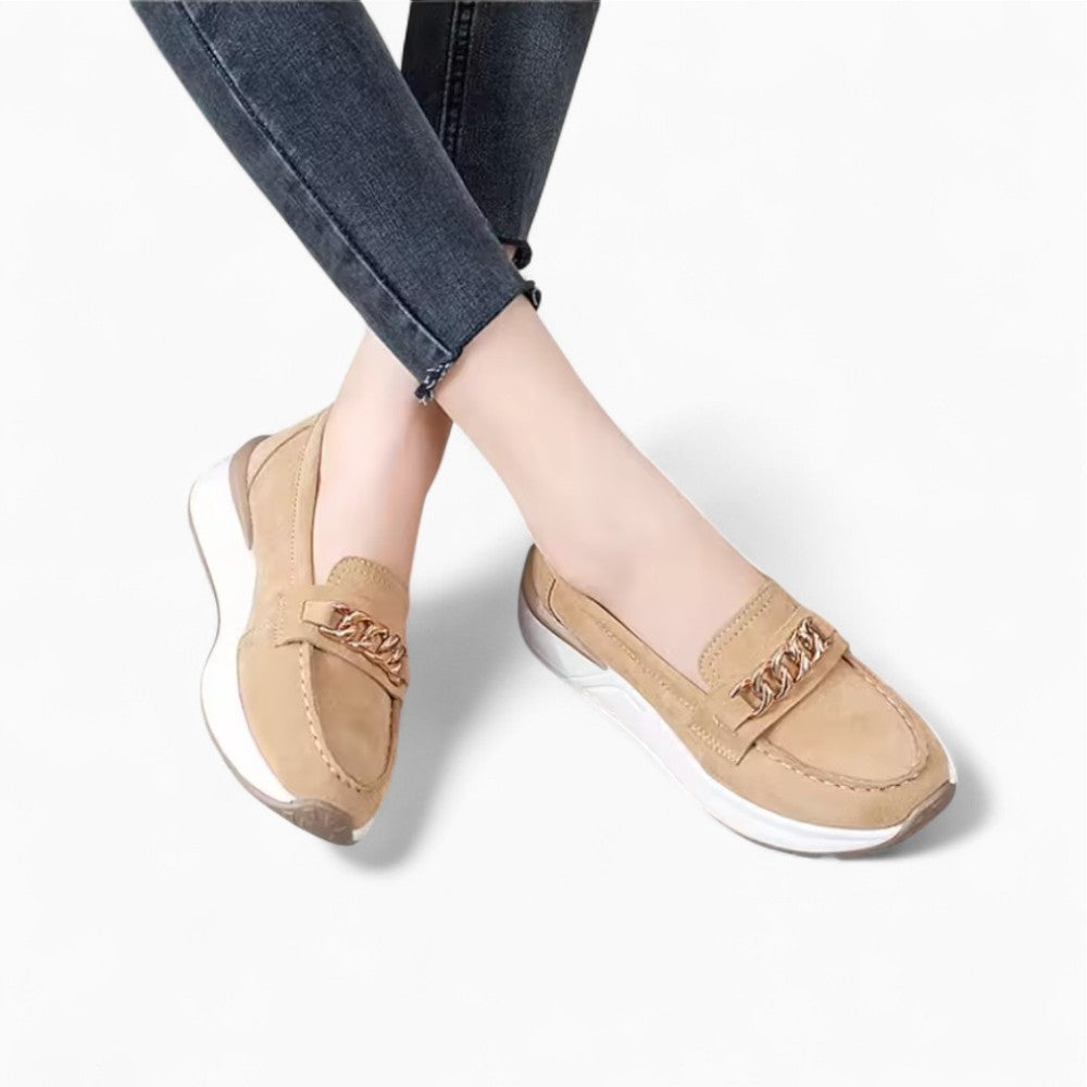 Suede Loafers with Gold Buckle and Thick Sole