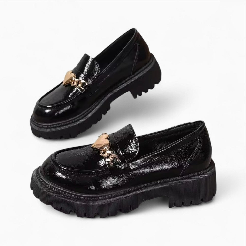 Patent Leather Loafers for Women with Heart Design