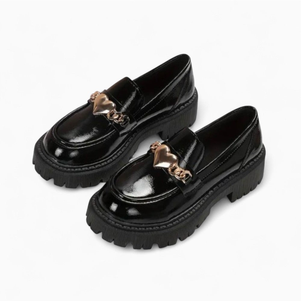 Patent Leather Loafers for Women with Heart Design