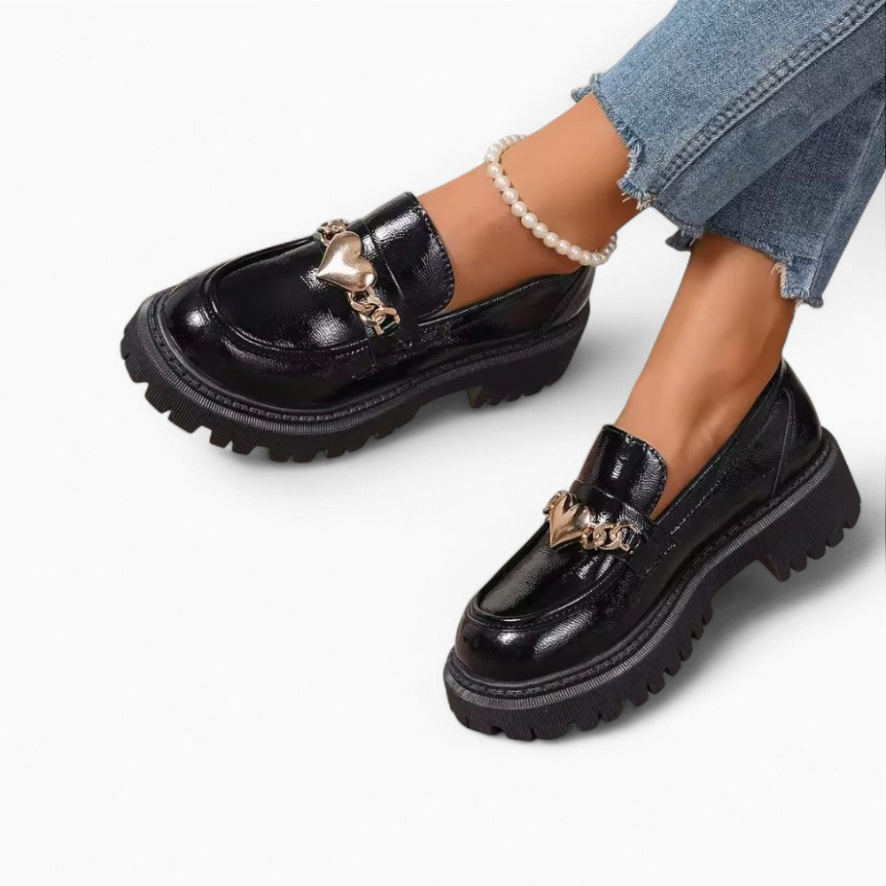 Patent Leather Loafers for Women with Heart Design
