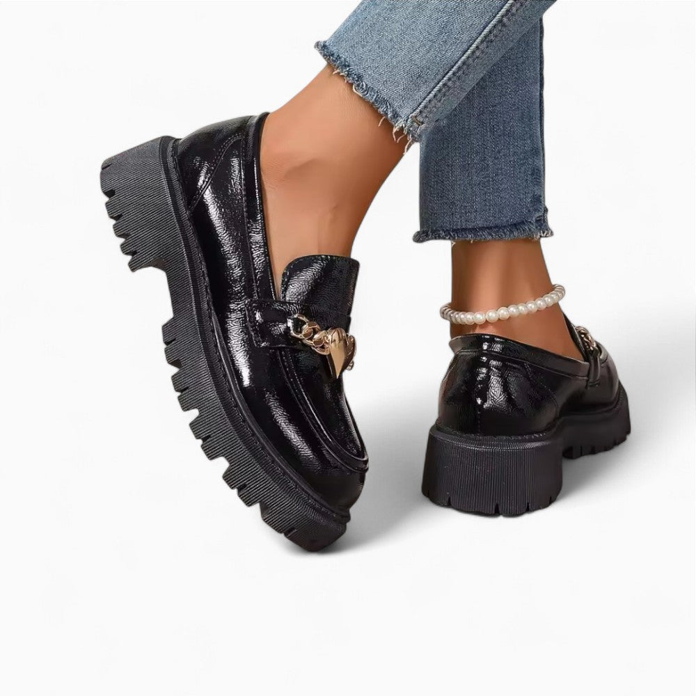 Patent Leather Loafers for Women with Heart Design