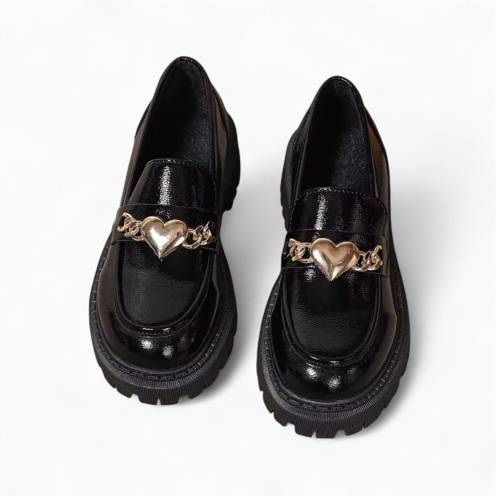 Patent Leather Loafers for Women with Heart Design