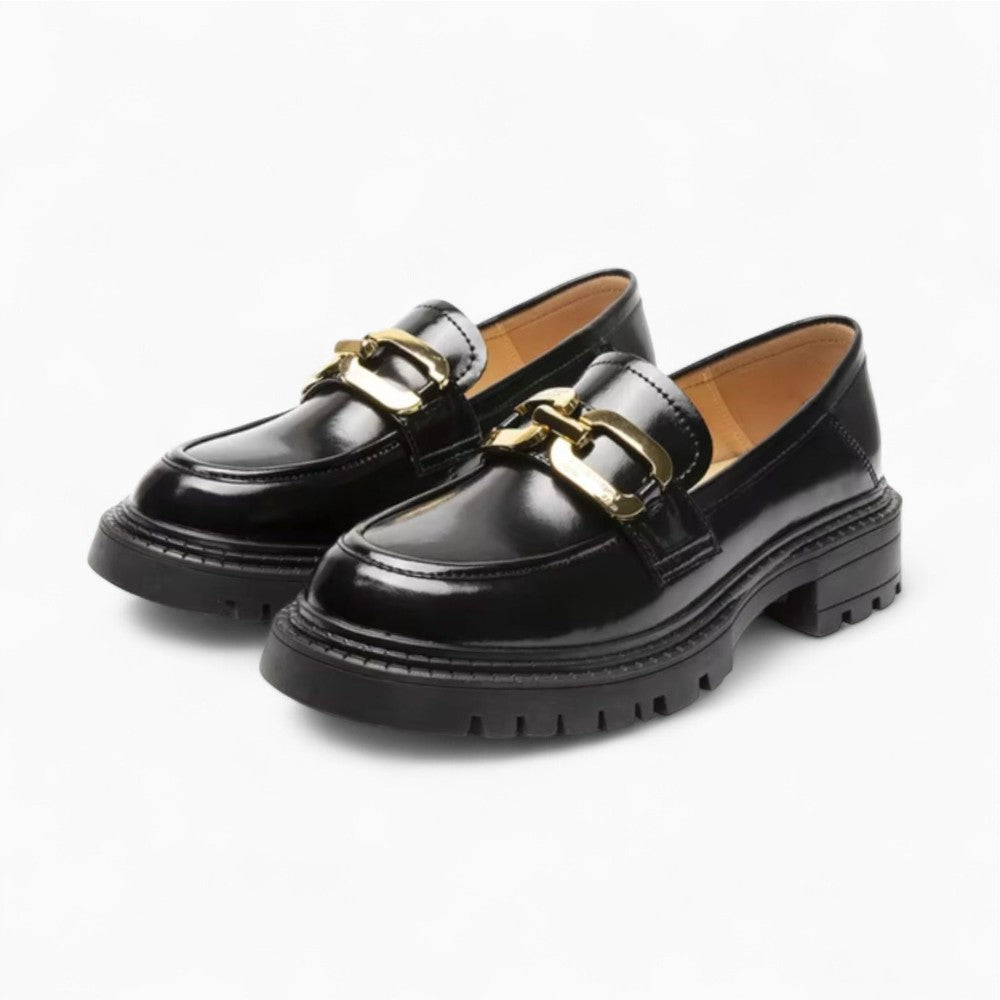 Patent Leather Loafers for Women with Decorative Gold Chain