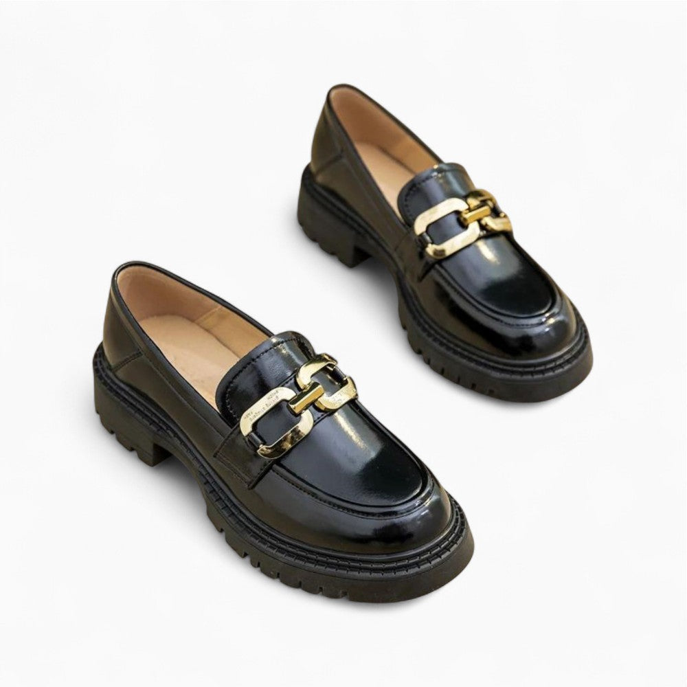 Patent Leather Loafers for Women with Decorative Gold Chain
