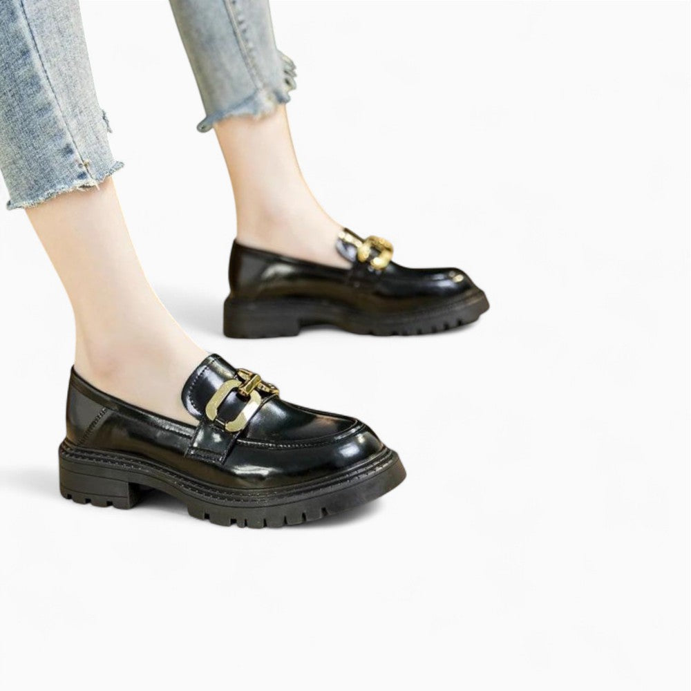 Patent Leather Loafers for Women with Decorative Gold Chain
