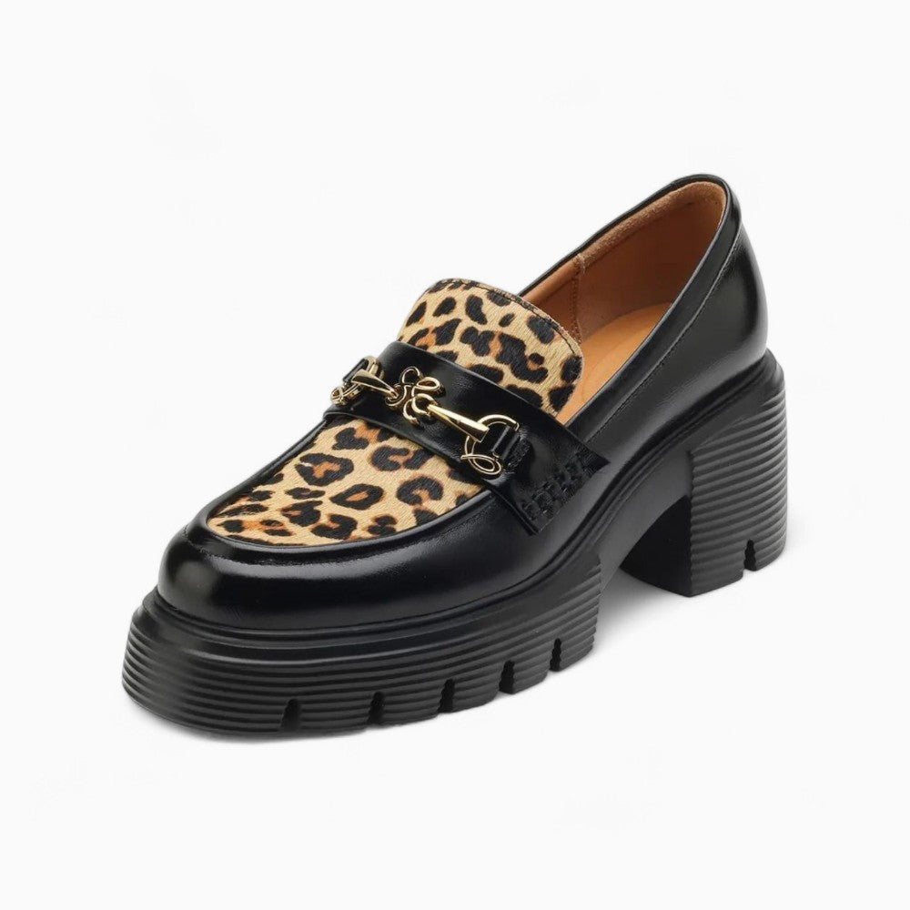 British Style Loafers with Leopard Print and Golden Buckles