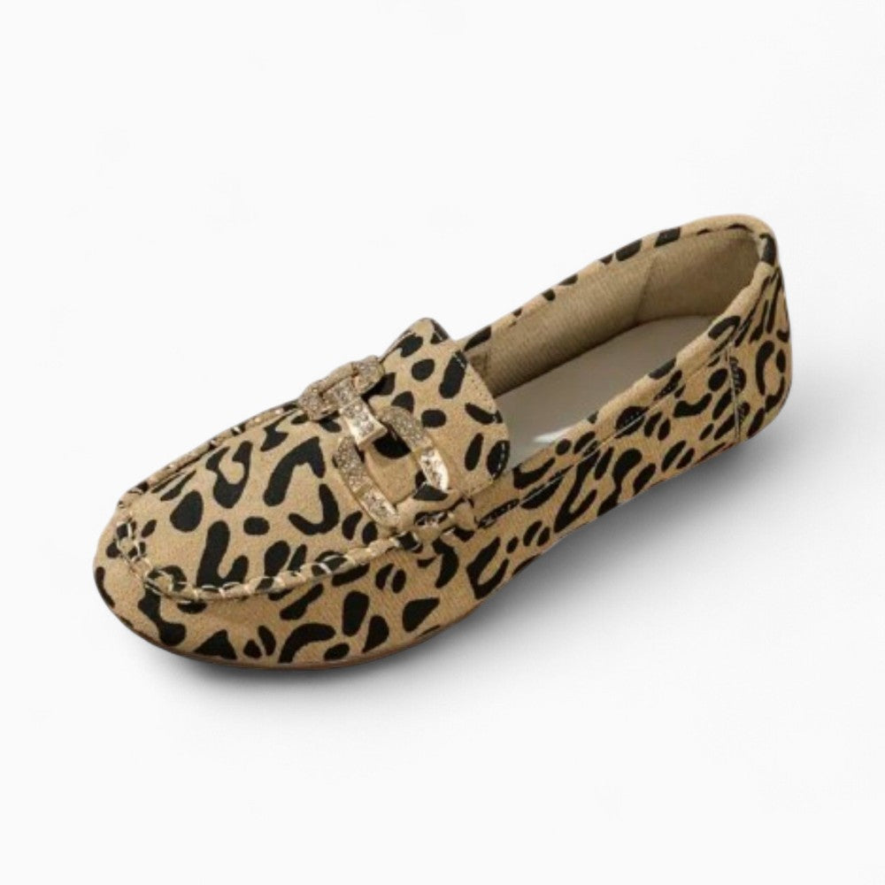 Soft Leopard Print Loafers with Rhinestone Rings