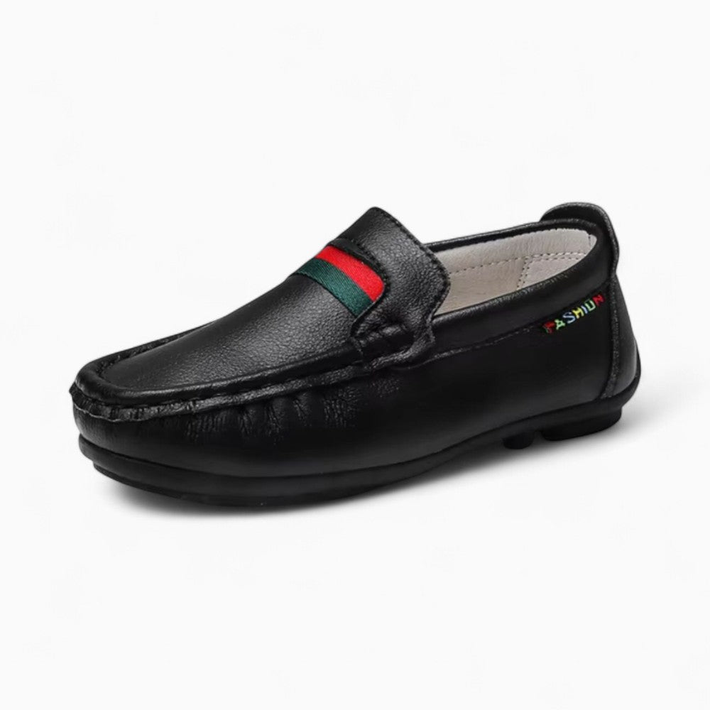 Soft Leather Loafers with Red and Green Design for Boys