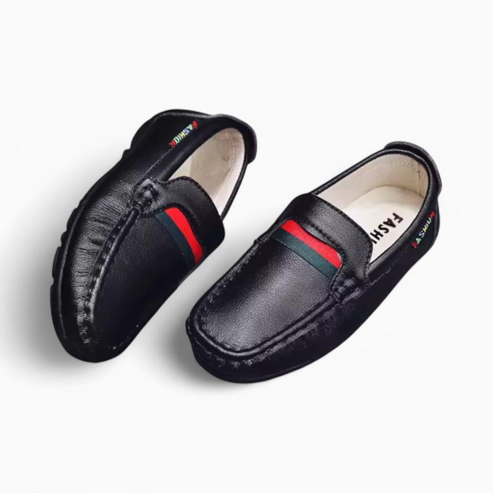 Soft Leather Loafers with Red and Green Design for Boys