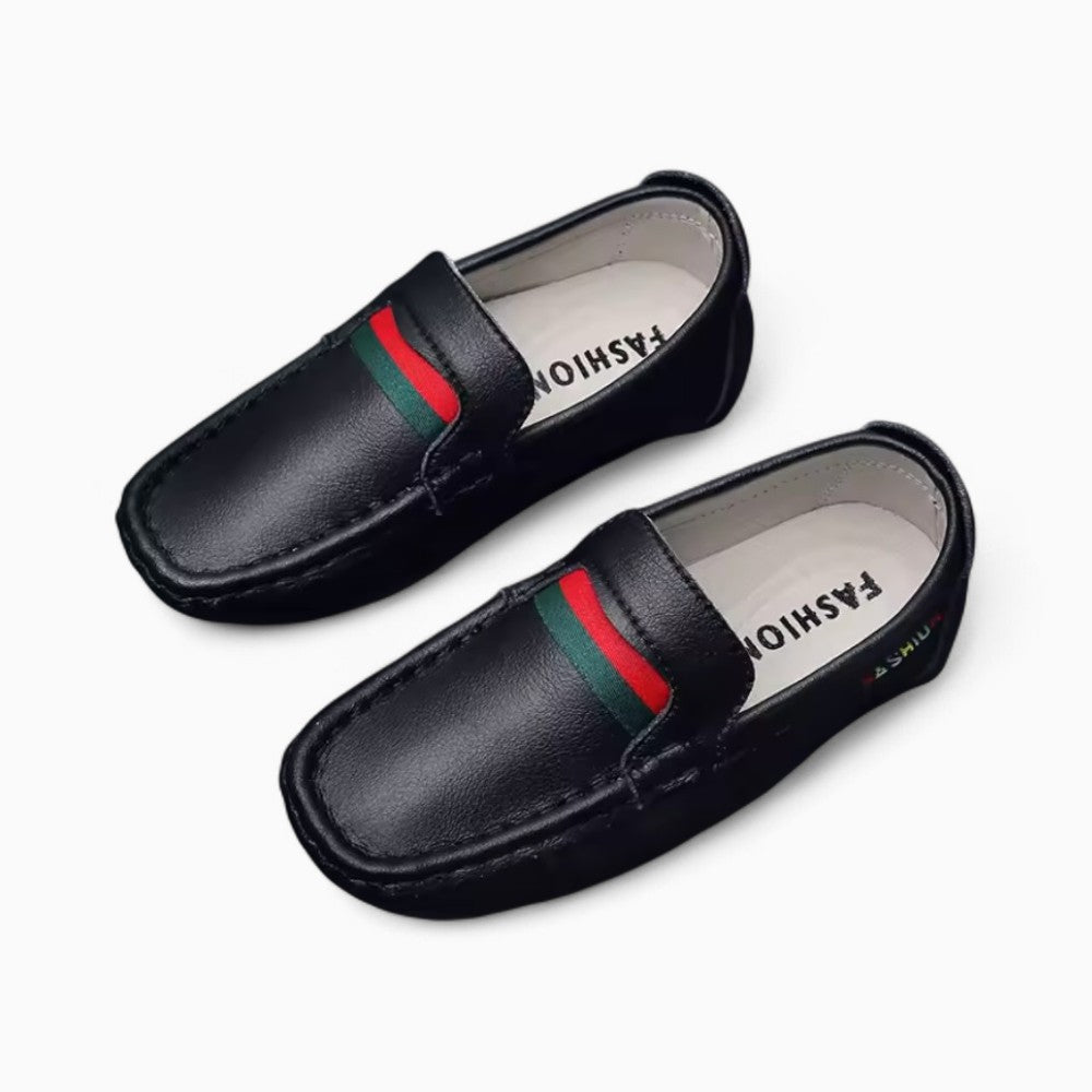 Soft Leather Loafers with Red and Green Design for Boys